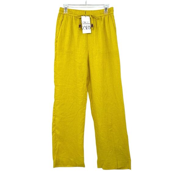 New Zara 100% Linen Yellow‎ Elastic Waist Tie Wide Leg Summer Pants Medium - Picture 2 of 7